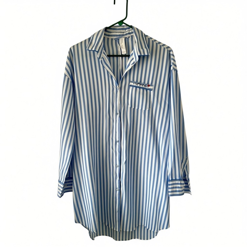 Stars Above Blue and White Striped Plaid Pajamas Night Shirt Cotton Size M